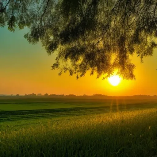 Prompt: golden sunrise over a green field