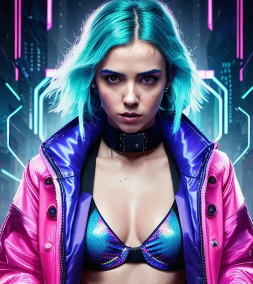 Prompt: cyberpunk, girl neon, blue hair, hyper realistic, high details, full body, tall girl, face beautifull, Cyberpunk art, Joi from Blade Runner 2049, front, wearing seethrough rain coat and bikini underneath, holographic accessories, Ana De Armas, epic Instagram, artstation, hyperdetailed intricately detailed , unreal engine, intricate detail, splash screen, complementary colors, fantasy concept art, 8k, deviantart masterpiece, oil painting, heavy strokes, splash arts, dim lighting