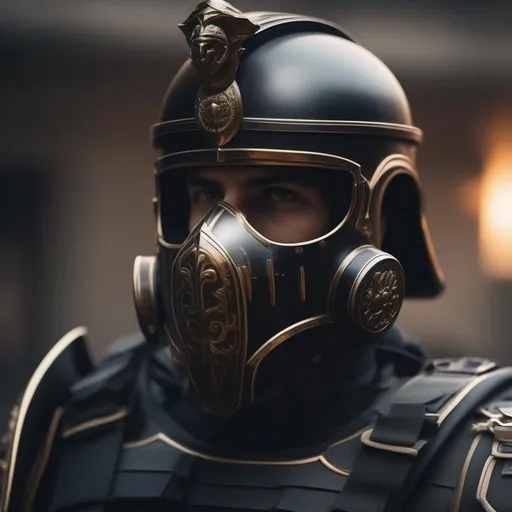 Prompt: A modern roman military male in black military armor galea helmet of roman armor, with a gunfire and gas mask, background military base, Hyperrealistic, sharp focus, Professional, UHD, HDR, 8K, Render, electronic, nervous vibe, loud, tension, dark, Epic