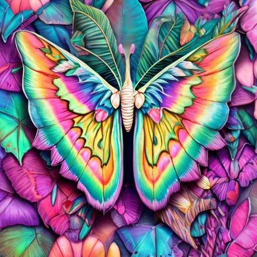 Prompt: Pastel atlas moth diorama in the style of Lisa frank