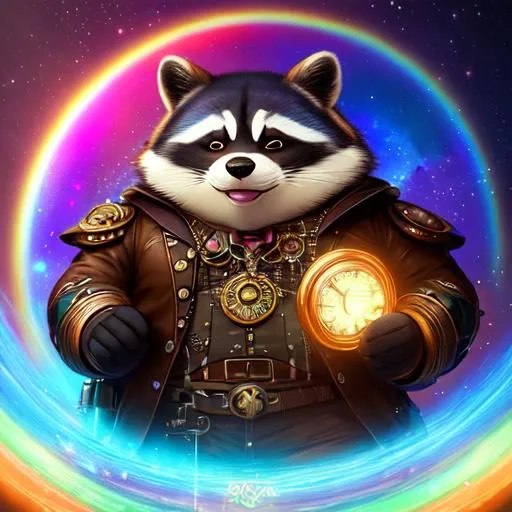 Prompt: Professional digital art of (((steampunk fat raccoon))) 80's aesthetic, Disney, pixar, (rainbow), space, illustration, high detail, intricate, elegant, by Jeremy Mann, artgerm, Rutkowski, and other illustrators, intricate details, face, full body portrait, headshot, illustration, UHD, 4K