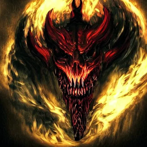 Prompt: God of Hell, dark, fire, blood, red, black, scary, sharp teeth, giant, crazy, 