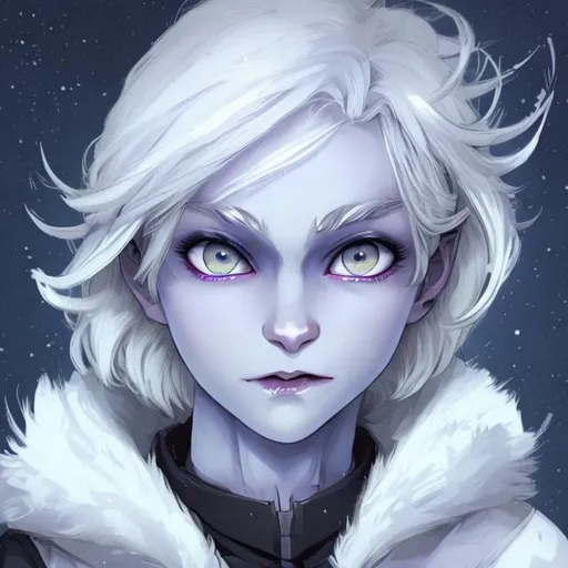 Prompt: Half-Drow adolescent girl, Extremely pale skin, Snow White hair, short hair, pixie cut hair, sky blue eyes, blue eyes, perfect face, flamboyant, smug grin, cocky, mocking aura, black jacket with white fur trim, 4k, monochromatic, anime style, in the style of JoJo’s Bizarre Adventure 