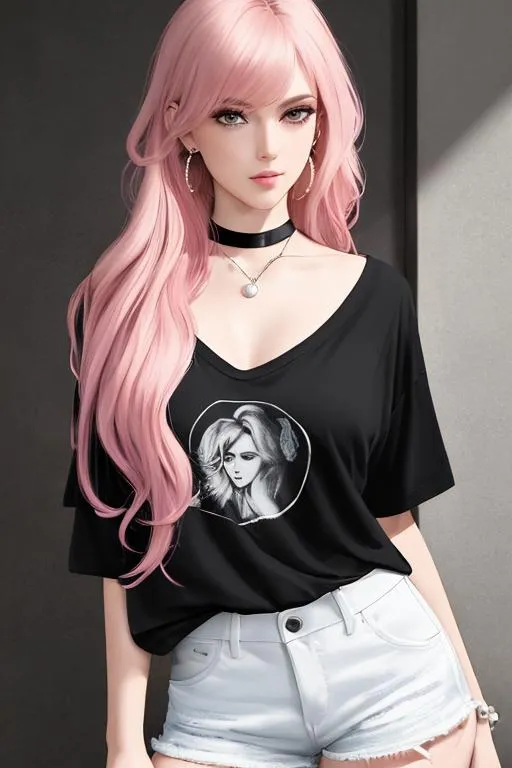 Prompt: oil painting, UHD,  8k, Very detailed, panned out view, whole character, beautiful Young adult, visible face, pink Long Hair which is buzzed of at the right Side, rebellious look, condescending expression, lips straight, raised left eyebrow, long loose black low neckline t-shirt, shirt tucked in shorts, pearl earings, dog tags, orange eyes