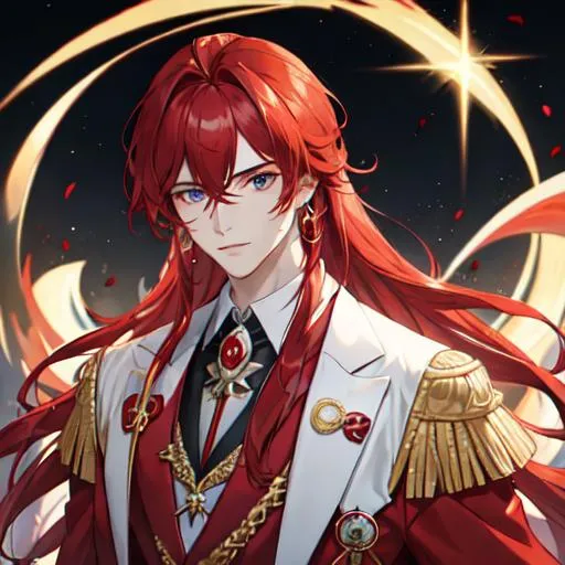 Prompt: Zerif 1male (Red side-swept hair covering his right eye) wearing a royal suit