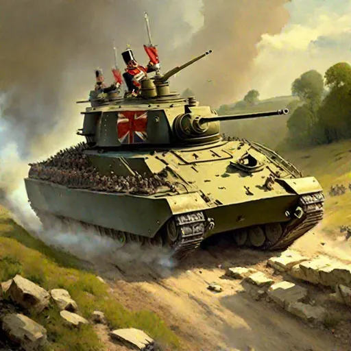 Prompt: Napoleonic War, Hill, Painting Art, main battle tank, british army