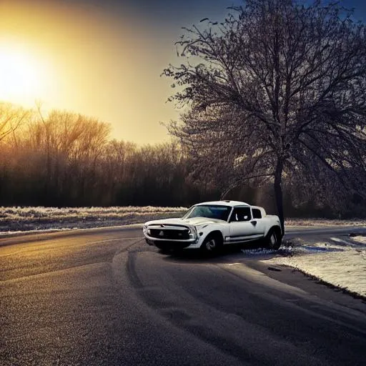 Prompt: a mustang next to a tree on an empty road (winter)
