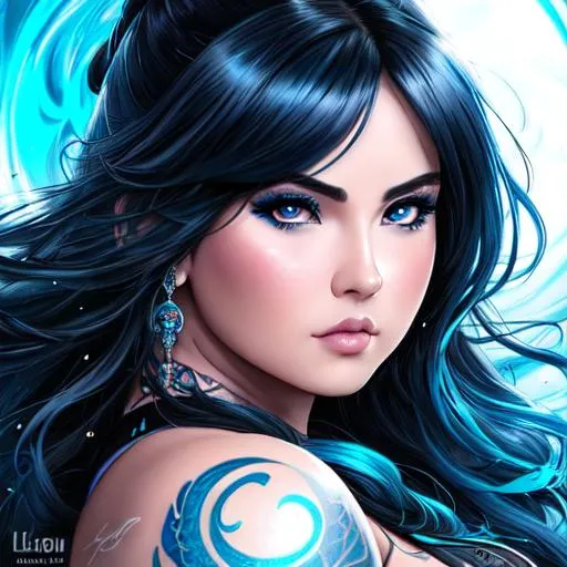 Prompt: a painting of a heavyweight woman with neon blue long wavy hair,  round face, chubby face, by Luis Royo, amy sol in the style of, cool color scheme art rendition, serious expression, tattoos, detailed facial structure, black and white artwork, idealised, pastel drawing, digital art of an elegant, artgram, female water elemental fighter, pinterest anime, charli bowater and artgerm