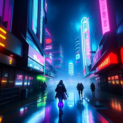 Prompt: Anime 
Cyberpunk2077
Intense 
fog
city
nighttime
intense
epic
Mad
Glowy
Streets
People walking 
