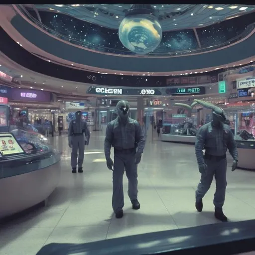 Prompt: alligator security guards in a busy alien mall, widescreen, infinity vanishing point, galaxy background, surprise easter egg