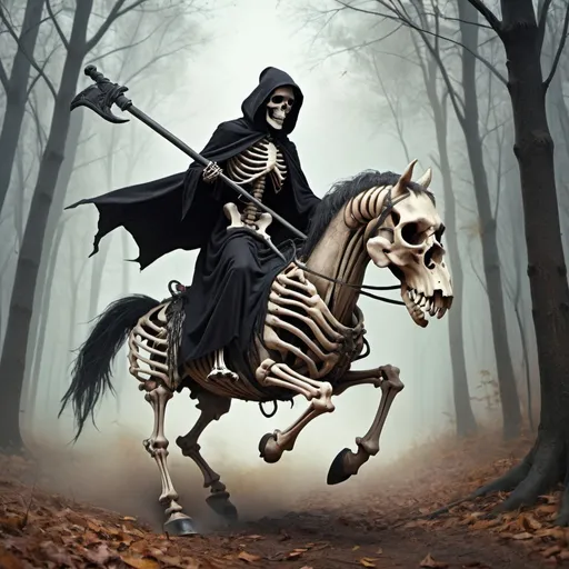 Prompt: The grim reaper riding a skeleton horse through the woods