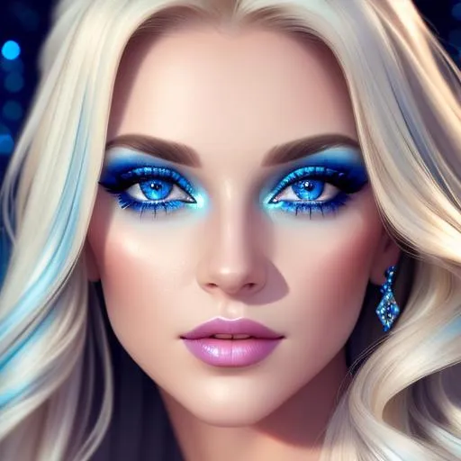 Prompt: Beautiful ethereal woman, long blonde hair,and icy blue eyes color, heavy makeup, facial closeup