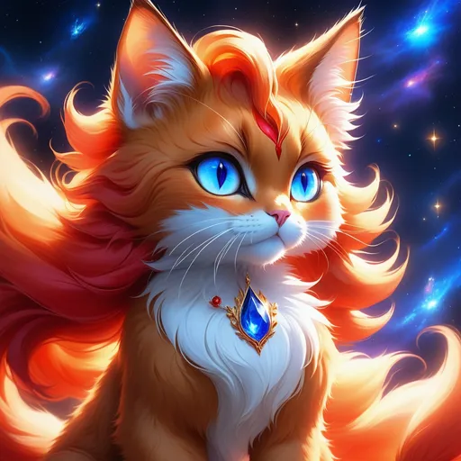 Prompt: hero cat with {red fur} and {sapphire blue eyes}, senior female cat, fire element, flame, Erin Hunter, gorgeous anime portrait, beautiful cartoon, 2d cartoon, beautiful 8k eyes, elegant {red fur}, glossy sheen fur, pronounced scar on chest, fine oil painting, modest, gazing at viewer, beaming red eyes, glistening red fur, low angle view, zoomed out view of character, 64k, hyper detailed, expressive, timid, graceful, beautiful, expansive silky mane, deep starry sky, golden ratio, precise, perfect proportions, vibrant, standing majestically on a tall crystal stone, hyper detailed, complementary colors, UHD, HDR, top quality artwork, beautiful detailed background, unreal 5, artstaion, deviantart, instagram, professional, masterpiece