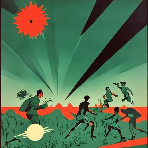 Prompt: 1950s atomic art of plants chasing people. The people are running away. The sky is dark green with turquoise flashes