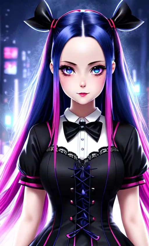 Prompt: 4K, 16K, high quality, extremely detailed, japanese anime art style, picture quality, wednesday addams with blue and pink harley quinn hair, black lace-up dress, hopeful face, stomach view, dark fantasy anime city 
 background, mist, fog, dynamic light, vignette