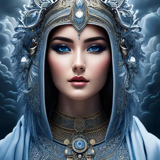 Prompt: UHD, 4k, Oil Painting,  Portrait, highly detailed symmetrical face, goddess of air, cinematic colour panel of blue, white and silver, cloaked in clouds, ultra detailed robes, dynamic lighting