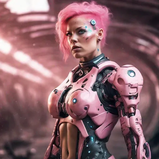 Prompt: Gorgeous ultra-muscular 25-year-old pink haired Finnish goddess cyborg in battle against aliens. Science fiction futuristic background. 