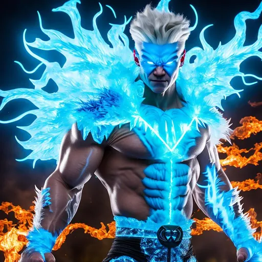 Prompt: High-resolution hyperrealistic photo of x-man iceman bobby drake merged with x-man sunfire shiro yoshida, raging burning ice hulk, inhuman, enraged, frosty, icy flames everywhere, uhd, hdr, 64k