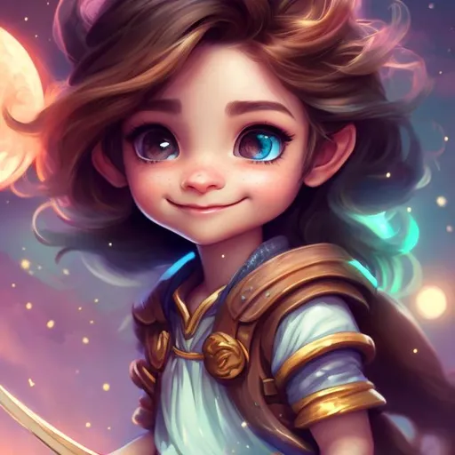 Prompt: Halfling, (masterpiece, best quality:1.2), illustration, absurdres, highres, extremely detailed, 1 petite girl, brown long hair, brown eyes, eye highlights, look happy, upper body, (moon:1.2), chromatic aberration abuse, pastel color, DND