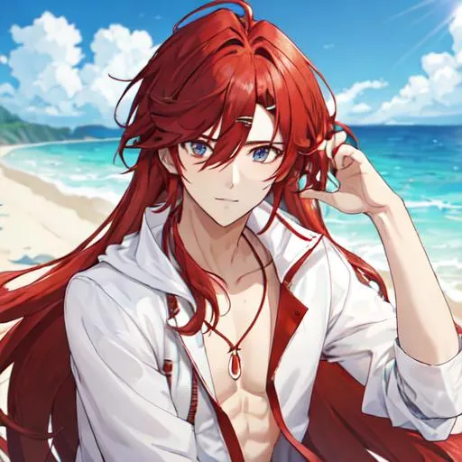 Prompt: Zerif 1male (Red side-swept hair covering his right eye) at the beach