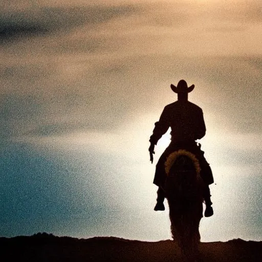 Prompt: A outlaw riding into the sunset
