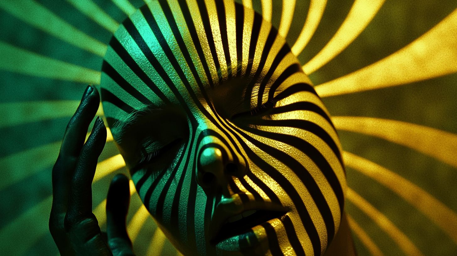 Prompt: Digital art of a face patterned with black and white stripes, where the surface mirrors chrome reflections. The scene is enhanced by quantum wavetracing, offering a unique visual experience. The backdrop blends light bronze and dark blue, alluding to a multimedia installation with strong futurist influences. Certain features stand out with selective focus.