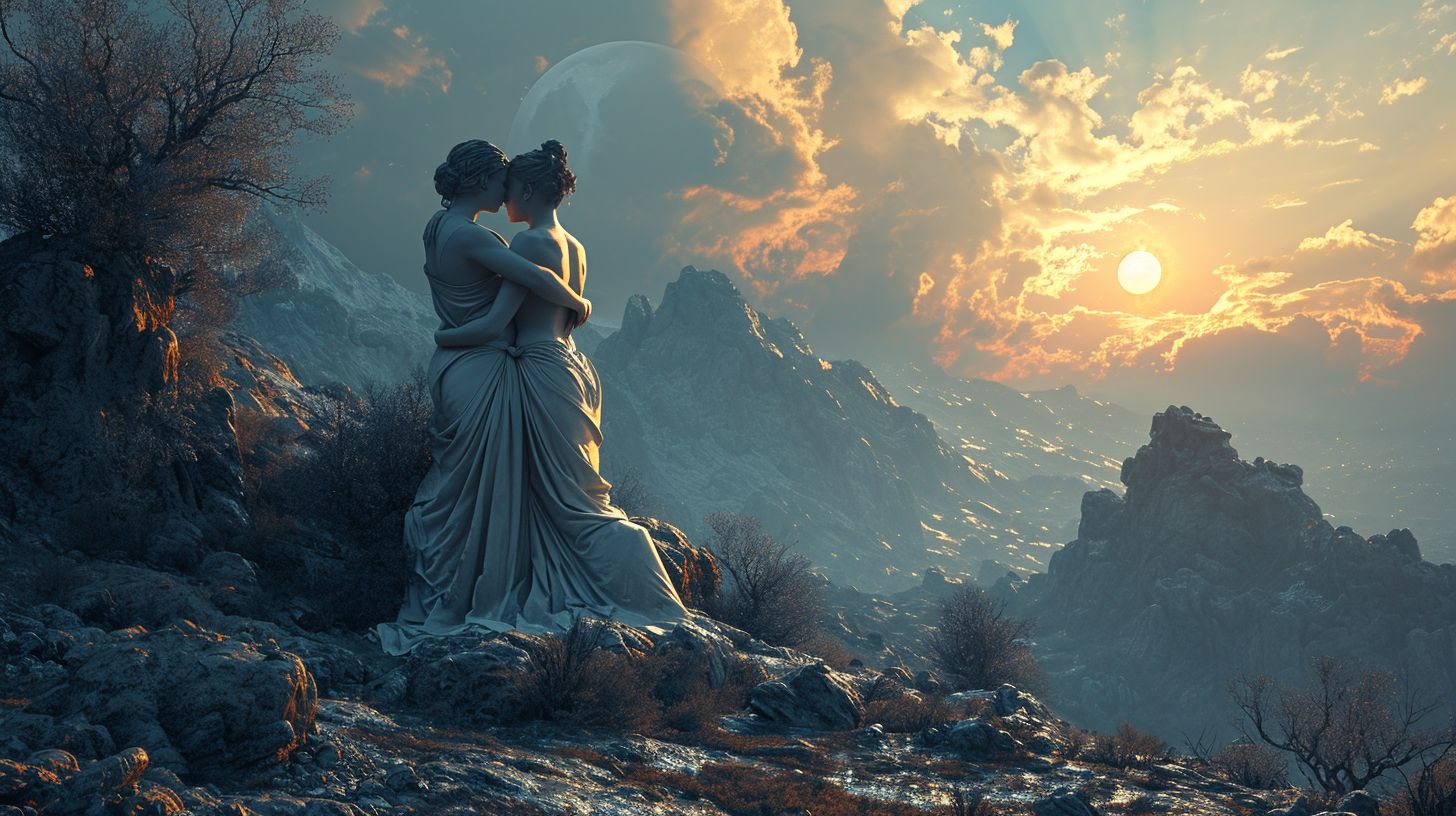 Prompt: an image of an earth and a man hugging each other, in the style of twisted futurism, bess hamiti, graceful sculptures, signe vilstrup, romantic illustration, mars ravelo, anamorphic art