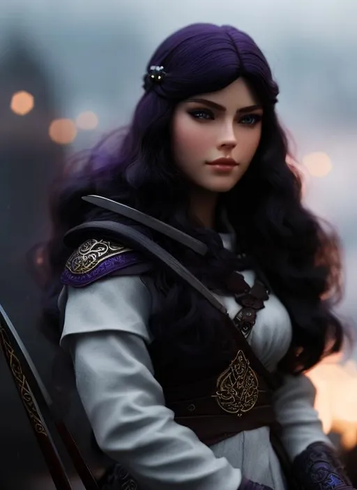 Prompt: she has dark purple hair, create most beautiful fictional female viking princess warrior, dark purple hair, light blue eyes, extremely detailed environment, detailed background, intricate, detailed skin, professionally color graded, photorealism, 8k, moody lighting