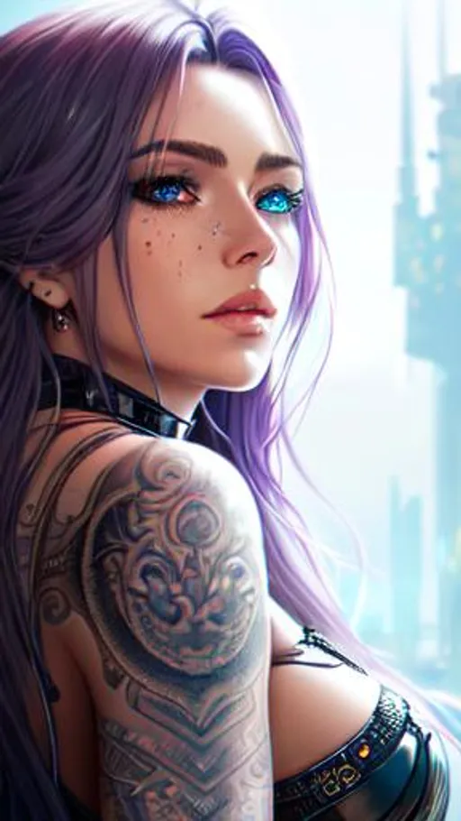 Prompt: Science fiction, fantasy, Clear, high resolution, 8k, bloodied futuristic, cyberpunk, royal inspired, freckled female warrior lying down, bloody, sadistic, detailed, intricate, long wavy hair, tattooed, futuristic, clear eyes. Crisp image, extremely detailed face. Intricate background. 