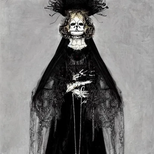 Prompt: portrait of death with hand extended, extreme detail, deep black chanel couture robe, skeleton hand, by Maurice Sendak and Ilya Repin, artstation