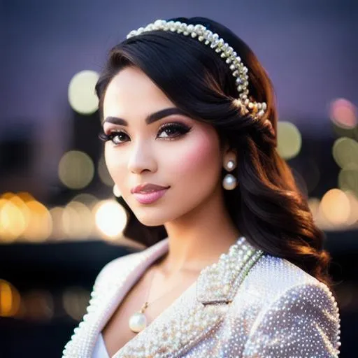 Prompt: "there's only one who paid the price for you", very beautiful young woman, city background, shiny pearls, 28mm lens, F4.5, fill flash, studio lighting