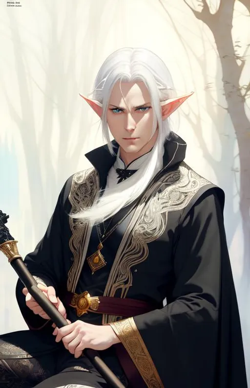 Prompt: a white hair man elf, short hair, black clothes, angry look,  no beard, beautiful intricate exquisite imaginative exciting,  polish, rich , full pose, sitting with relaxed pose holding a staff, high quality face details, by ruan jia, by alphonse mucha, by krenz cushart, by Julie Bell, by Gerald Brom,  beautiful village at night in the background, vray render, artstation, deviantart, pinterest, 5 0 0 px models,
