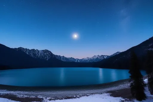 Prompt: Mountain snow night moon lake couple