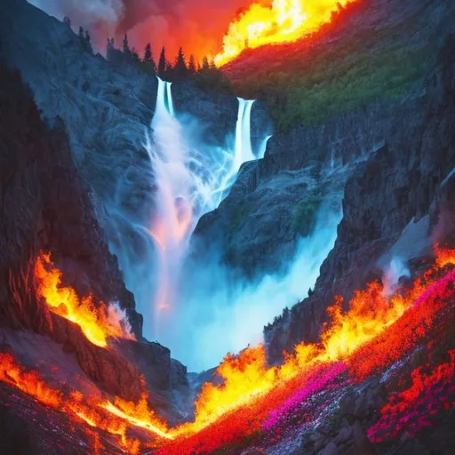 Prompt: Colorful flowers with waterfall and fire coming out of a mountain toP