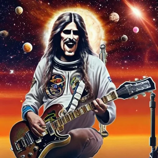 Prompt: actual photo of astronaut jesus playing guitar with hawkwind, surprise me