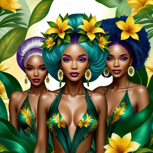 Prompt: Three mystical black women with vibrant blue hair, vibrant blooming flowers, mystical setting, magical atmosphere, unity and celebration, high quality, mystical art style, vibrant blue and purple tones, soft and ethereal lighting, detailed facial features, flowing and elegant hair, magical and enchanting, friendship and harmony, abundance and unity, professional, detailed, magical realism, fantasy with 3 of cups