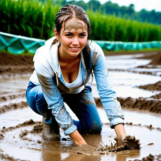 Prompt: photo of young woman, soaking wet clothes, tennis shoes muddy, jeans muddy , white thin shirt cleavage covered in mud,  , girl in jeans outfit getting mud poured on her covered muddy ,   enjoying, water dripping from clothes, clothes stuck to body,  detailed textures of the wet fabric, wet face, wet plastered hair,  wet, drenched, professional, high-quality details, full body view 