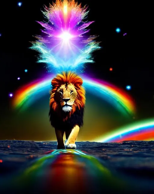 Prompt: Action, wavy, wispy, whimsical psychedelic 
 cinematic, hot, 3D, HD, {liquid rainbow}Lion, expansive African Tundra background, sparkles, freeform colorful chaos, hyper realistic, 8K --s98500