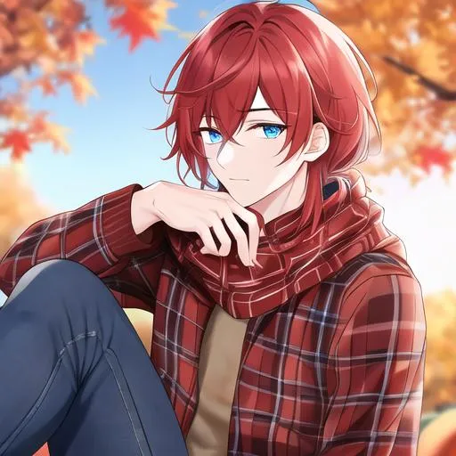 Prompt: Zerif 1male (Red side-swept hair covering his right eye, blue eyes), highly detailed face, wearing a cozy flannel shirt and a pair of stylish jeans. In the park, fall.  wearing a scarf, looking up at the sky, in a pumpkin patch, adult. Handsome,  detailed, UHD, HD, 4K, highly detailed, red haze, masculine, anime style