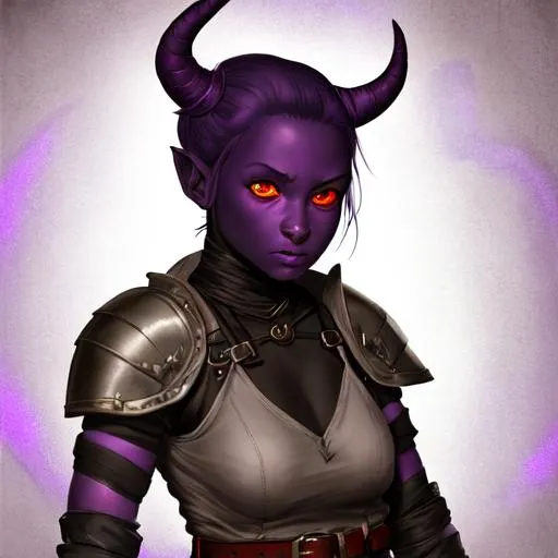 Prompt: Portrait of a beautiful, shy, sad, innocent, young, adolescent tiefling girl, very dark ash skin, fiery eyes, tattered leather armor, daggers emit a purple glow