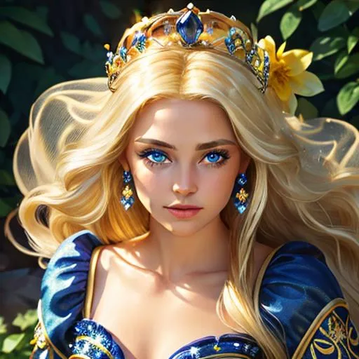 Prompt: Pixie dust princess, long blonde hair, sapphire eyes,  crown of yellow flowers in her hair,  facial closeup