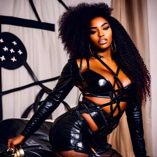 Prompt: HD photo of a beautiful black  curvy woman with pink braided hair  in bondage, wearing black leather lingerie, laying on her back, in a  BDSM bedroom, polyamory flag on the wall and a beautiful black man, with a whip in his hand