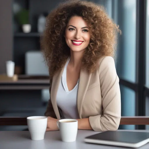 Prompt: An attractive 35 year old woman with very curly hair, elegant, large eyes, modern, stylish makeup, full body view, white tshirt with a jacket and blue jeans, happy, smiling, (erotic), drinking coffee, office background
