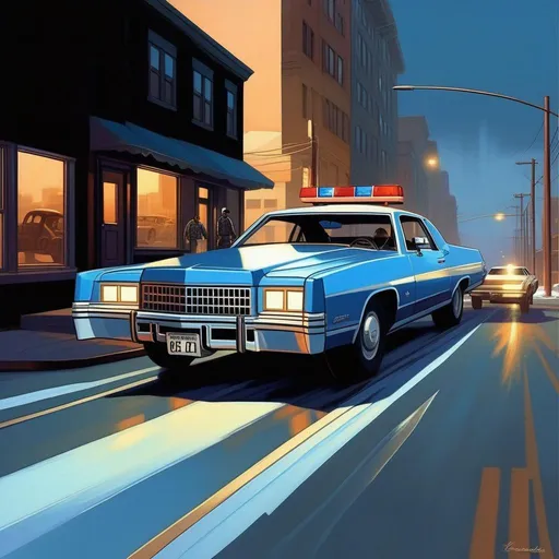 Prompt: GTA III, car chase, cops, cartoony, cold blue atmosphere, extremely detailed painting by Greg Rutkowski and by Henry Justice Ford and by Steve Henderson
