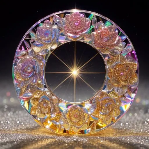 Prompt: an iridescent vibrant crystal, [a rose:5], [shine and perfection:10], [gold, silver, red:20], [ascension 7 chakras:35], serene zen garden, background blur, focus, dew, insanely detailed and intricate