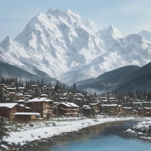 Prompt: A very simple painting of an alpine village with a snowy mountain range in the backround.