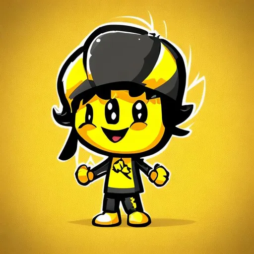 Prompt: yellow mascot cartoon with a black shirt