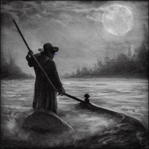 Prompt: ferryman on the river styx leading souls of the damned to hades, monochrome, tattoo