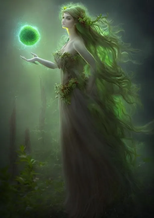 Prompt: Magical Dryad Goddess with grassy green long hair