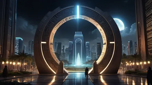 Prompt: magical portal between cities realms worlds kingdoms, circular portal, ring standing on edge, upright ring, freestanding ring, hieroglyphs on ring, complete ring, ancient egyptian architecture, gardens, hotels, office buildings, shopping malls, large wide-open city plaza, panoramic view, dark night, futuristic cyberpunk tech-noir setting, human scale